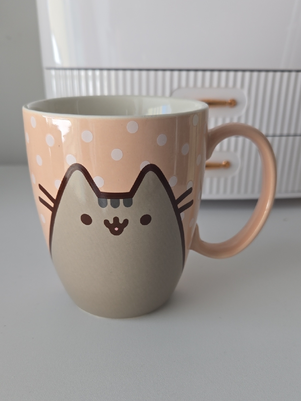 3/$8 Peach Polka Dot Cat Mug - Cute Ceramic Cat Design